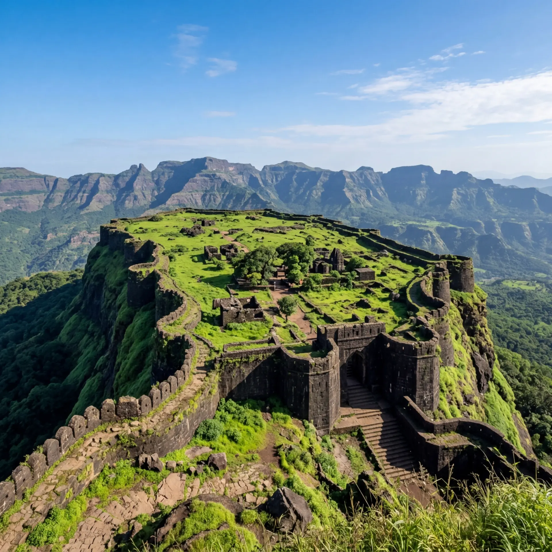 Aerial view of the green plateau of Sudhagad Fort showing stone ruins and the Maha Darwaja gateway